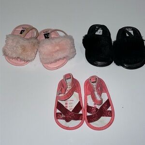 Baby girls pink, black, glittery fluffy summer slides 6-12M set of 3